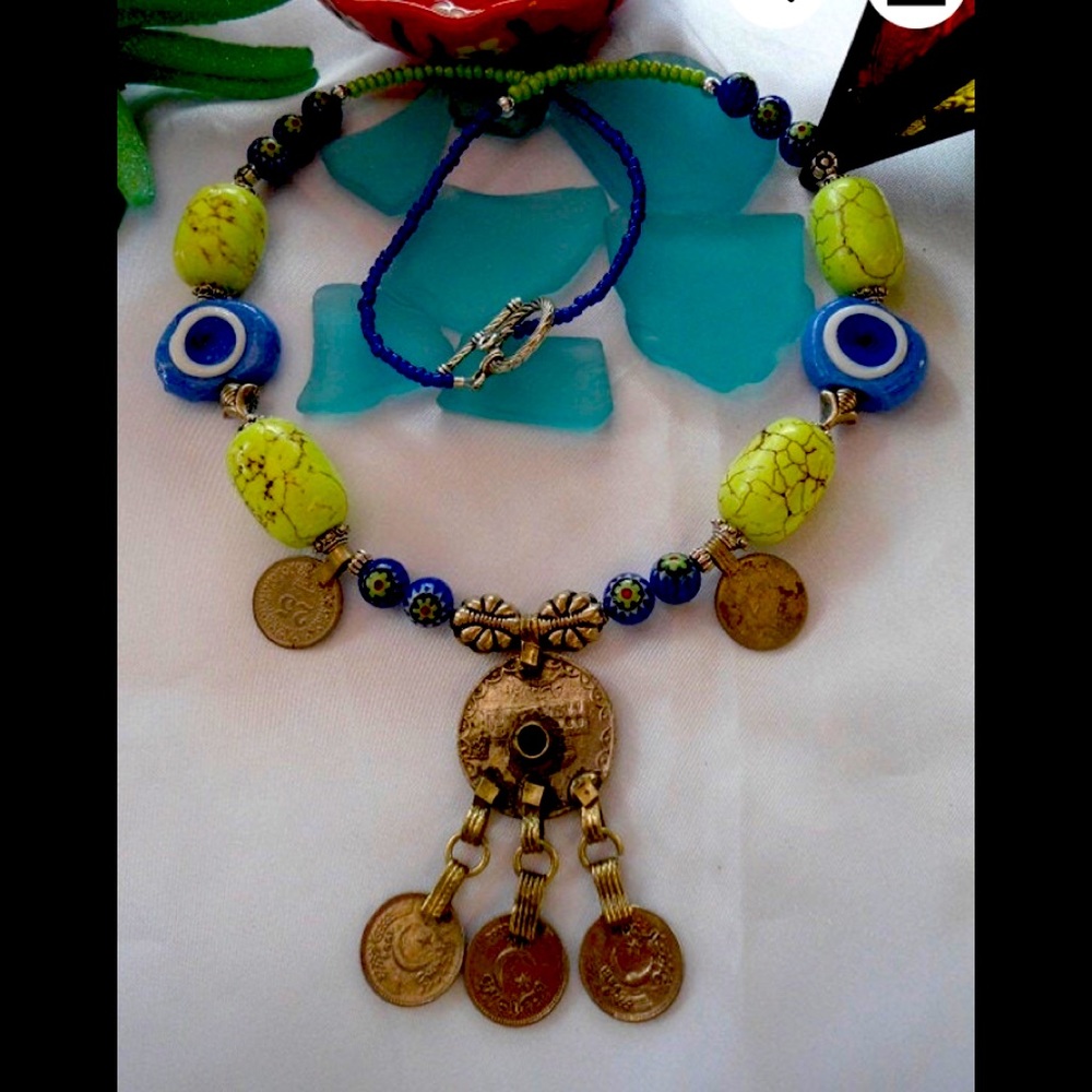 Evil Eye Necklace with Coins from Turkey.  Very beautiful in person.